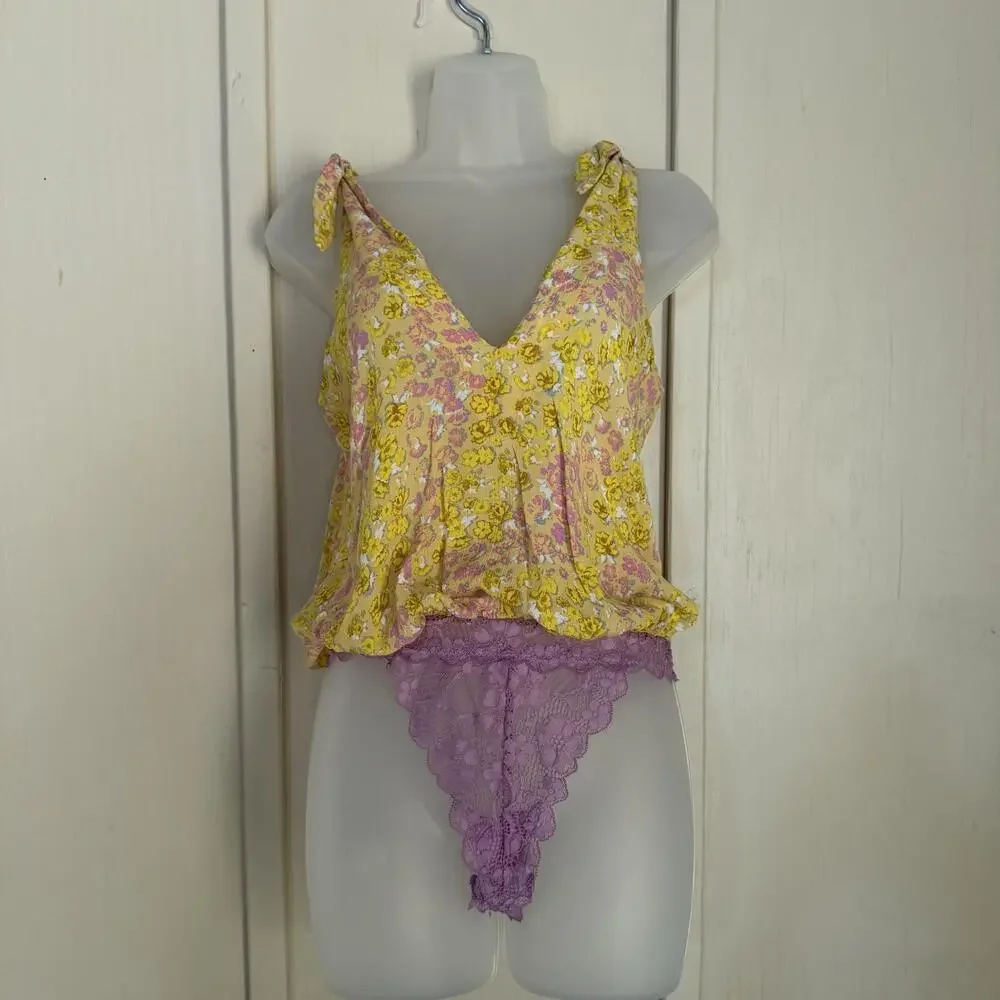 Free People Teddy Womens XS/S Multicolor Floral Lace Thong One Piece Bodysuit